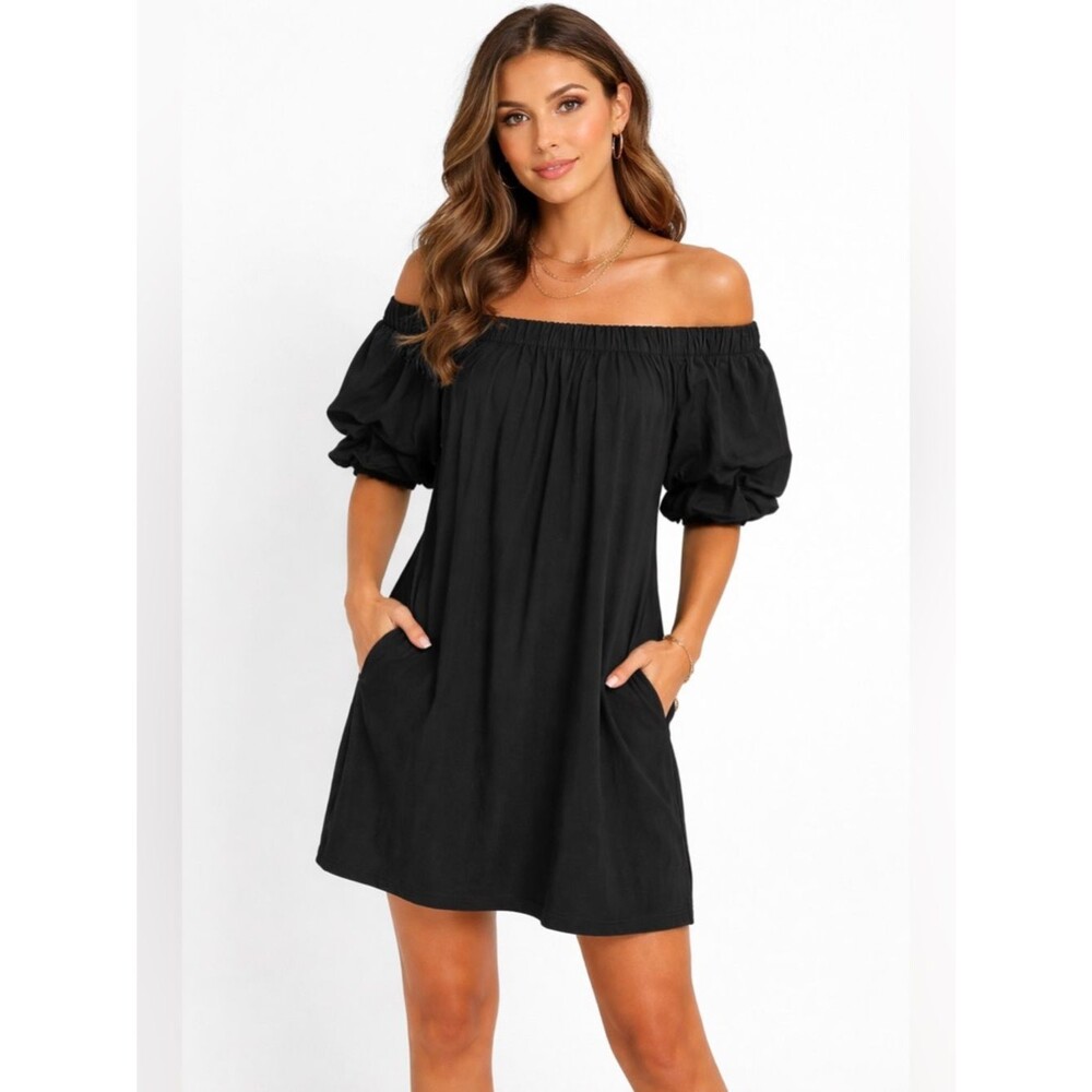 MERSEA Black Off Shoulder Boho Mini Dress Puff Sleeve Cottagecore Whimsygoth S